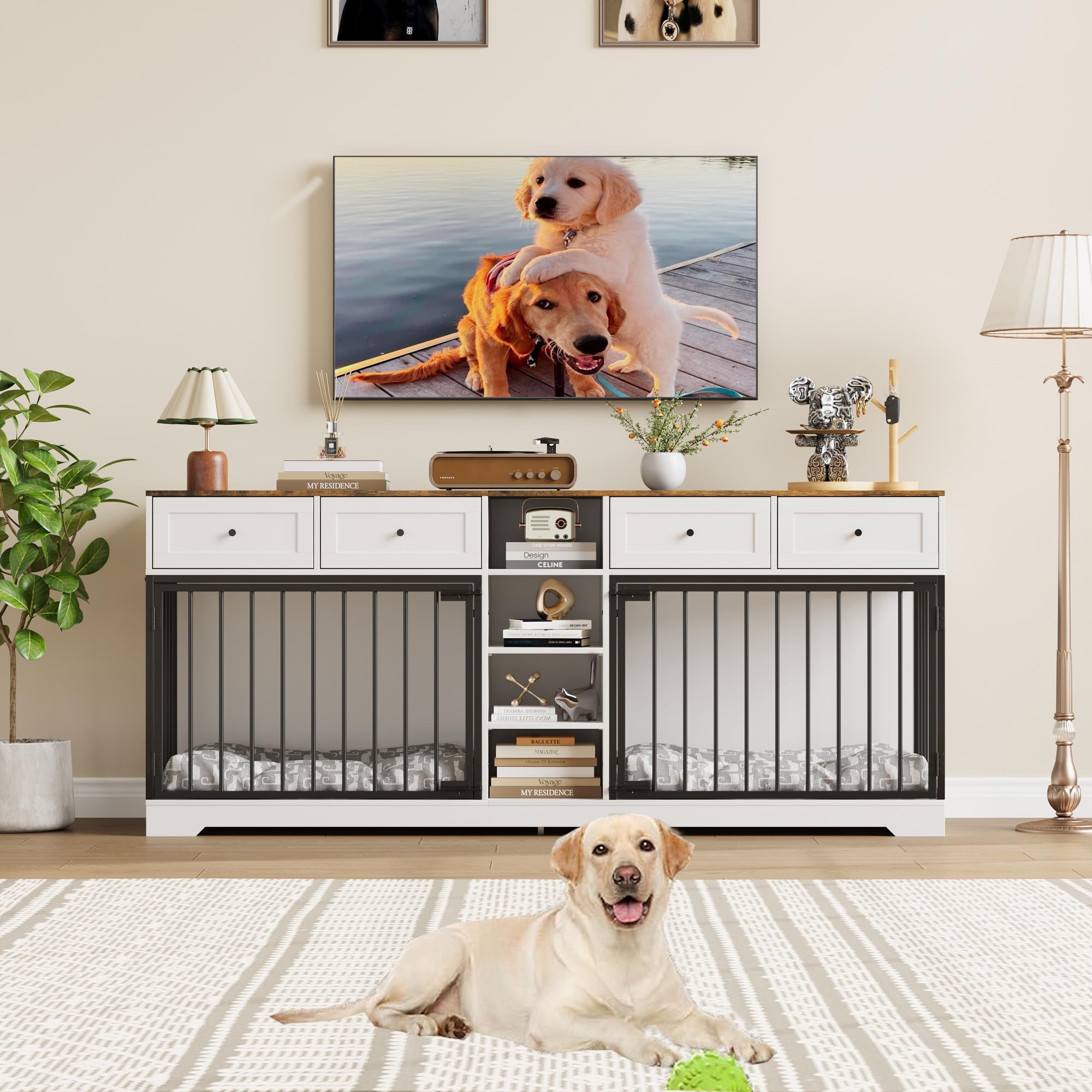 Garvee 82" Large Dog Crate for 2 Dogs, Dog Kennel Indoor with 4 Drawers and Shelves, Double Dog Crate Furniture TV Stand, Wooden Dog Cage for Medium Large Dogs, White