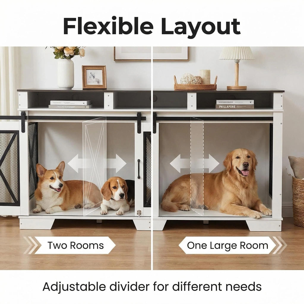 Garvee Dual-Panel Dog Crate Furniture, 71" Heavy Duty Dog Kennel Furniture with 3 Storages and Removable Divider, Double Dog Crate Table Indoor TV Stand for Large Medium Dogs, Black&White