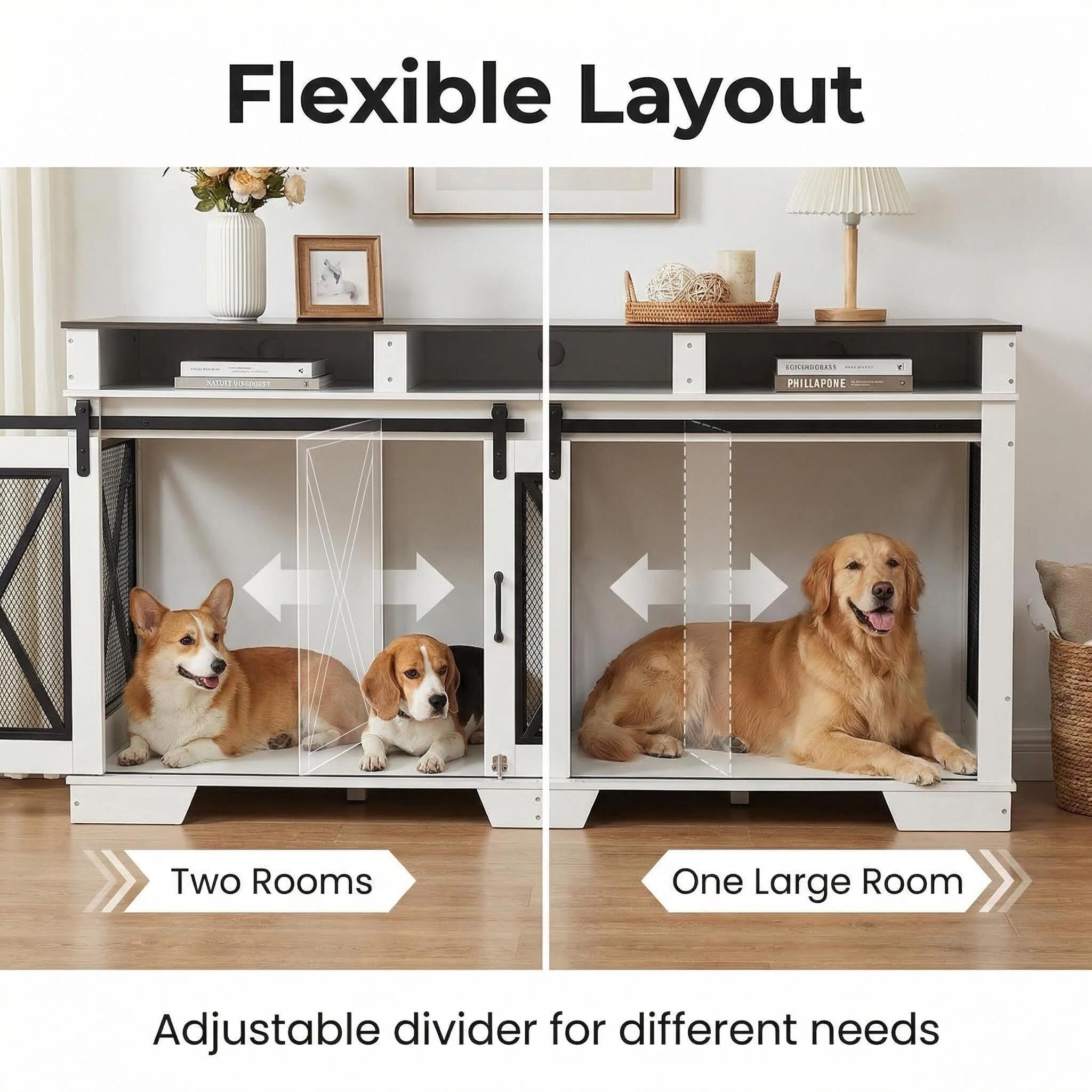 Garvee Dual-Panel Dog Crate Furniture, 71" Heavy Duty Dog Kennel Furniture with 3 Storages and Removable Divider, Double Dog Crate Table Indoor TV Stand for Large Medium Dogs, Black&White