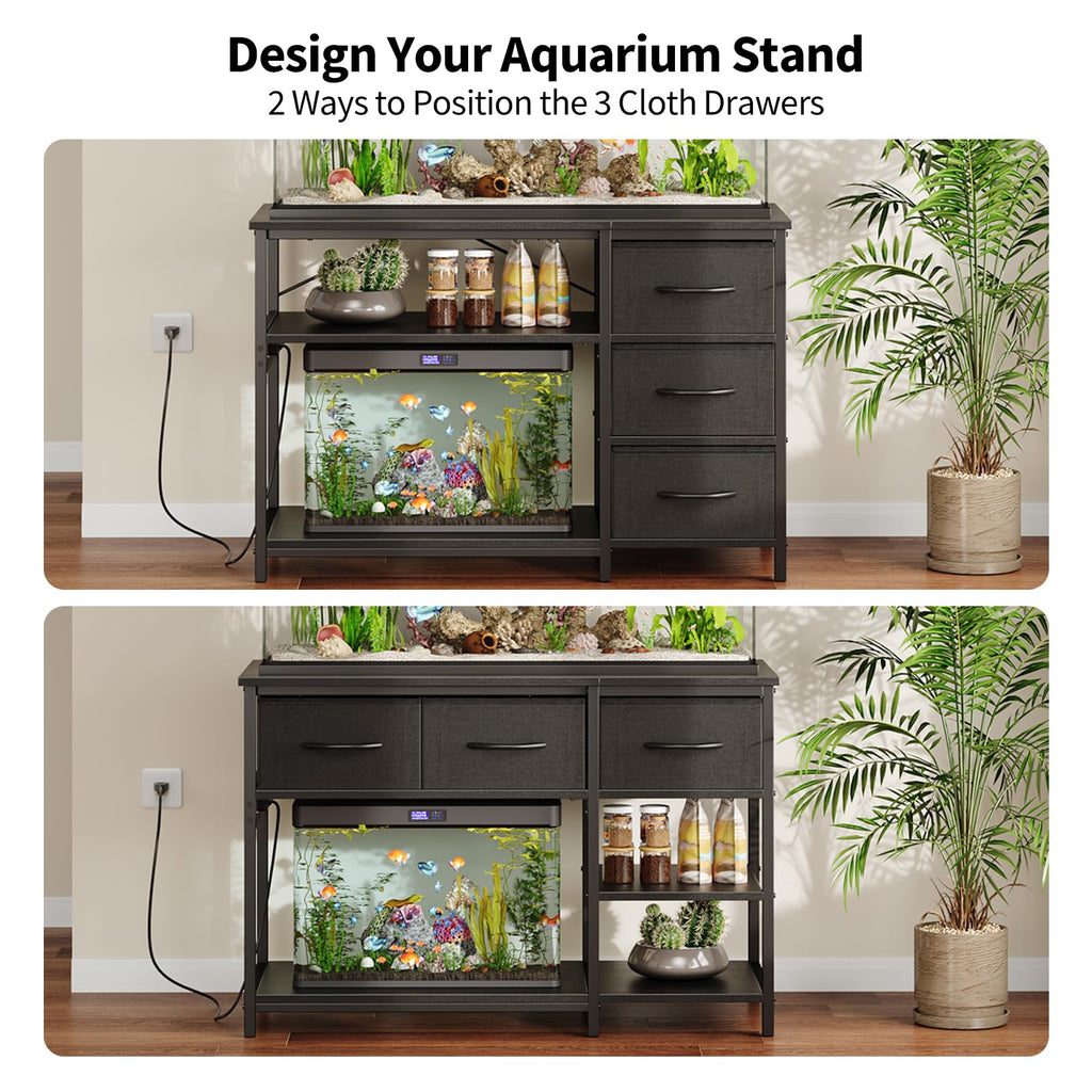Garvee 55-75 Gallon Aquarium Stand, Heavy Duty Fish Tank Stand with Drawers & Shelves, LED Light, 1000lbs Capacity, Fish & Reptile Tanks Stand with Power Outlet & USB