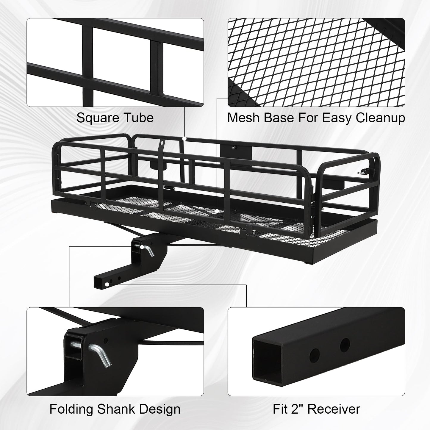 Garvee 500lbs Heavy Duty Collapsible Hitch Cargo Carrier – 60" x 24" x 14.9" Basket Rack with High Side Rails – Fits 2" Receiver for Truck, SUV, RV, Van – Ideal for Camping, Travel, Storage – Black