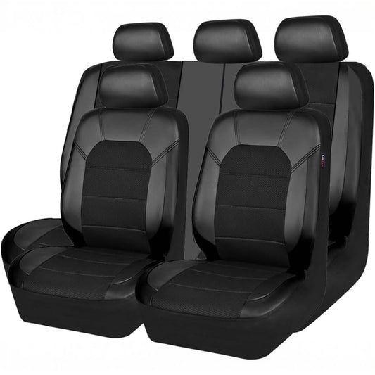 Garvee Global 9-Piece PU Leather Car Seat Cover Set – Full Protection, Waterproof, Breathable, Non-Slip, Safety Cushion Compatible, Easy Installation – Fits Cars, SUVs, Skate Shoes, Motorhomes, Includes Headrest Covers – Black