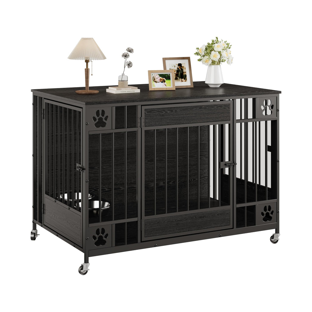 Garvee Modern Triple Door Dog Crate Furniture – 41" Decorative Wooden Kennel for Medium & Small Dogs – Stylish Indoor Pet Cage – Black Relief