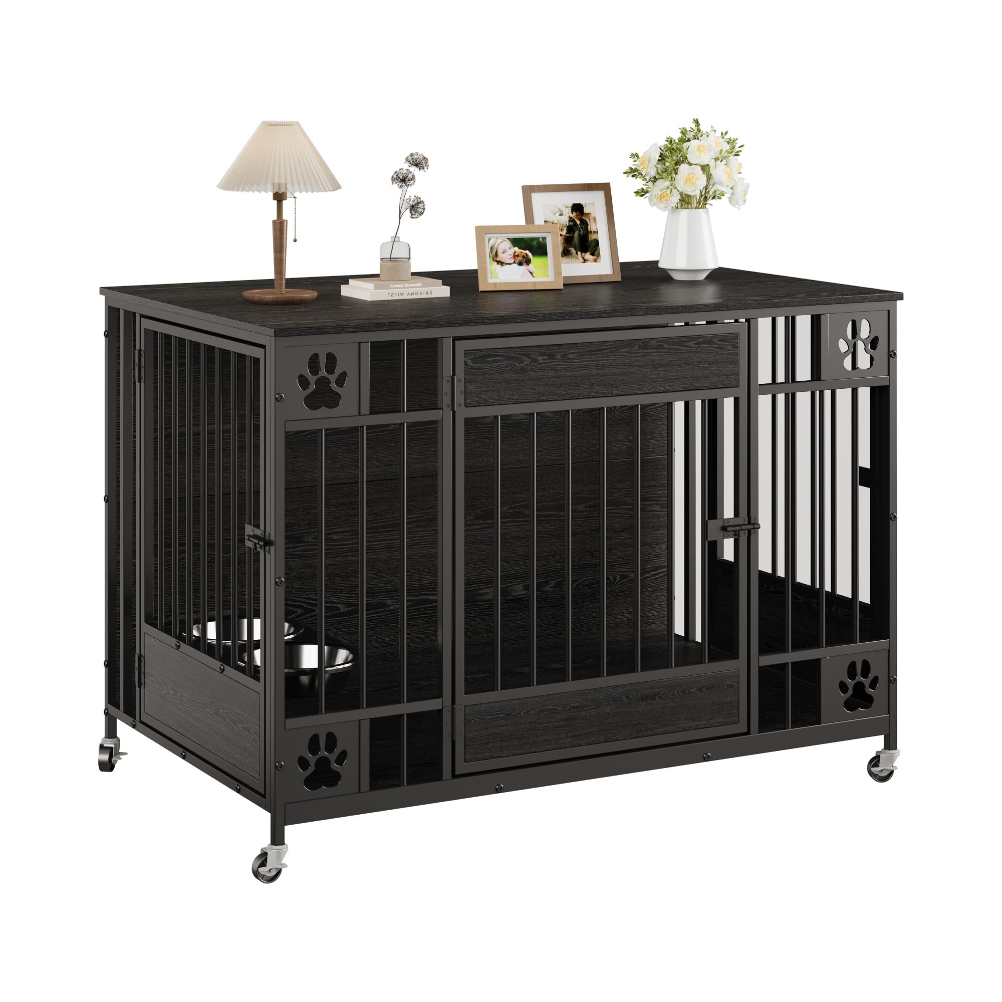 Garvee Modern Triple Door Dog Crate Furniture – 41" Decorative Wooden Kennel for Medium & Small Dogs – Stylish Indoor Pet Cage – Black Relief
