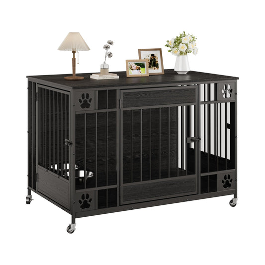 Garvee Modern Triple Door Dog Crate Furniture – 41" Decorative Wooden Kennel for Medium & Small Dogs – Stylish Indoor Pet Cage – Black Relief