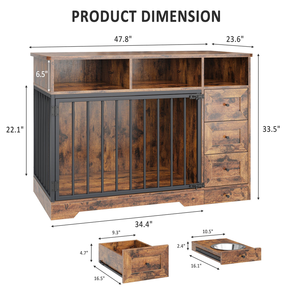 Garvee 48" Dog Crate Furniture with Bowls, Heavy Duty Dog Kennel End Table with 3 Storage Drawers, Locking Door, Farmhouse Style Pet Crate Cabinet for Medium Small Dogs, Retro Brown