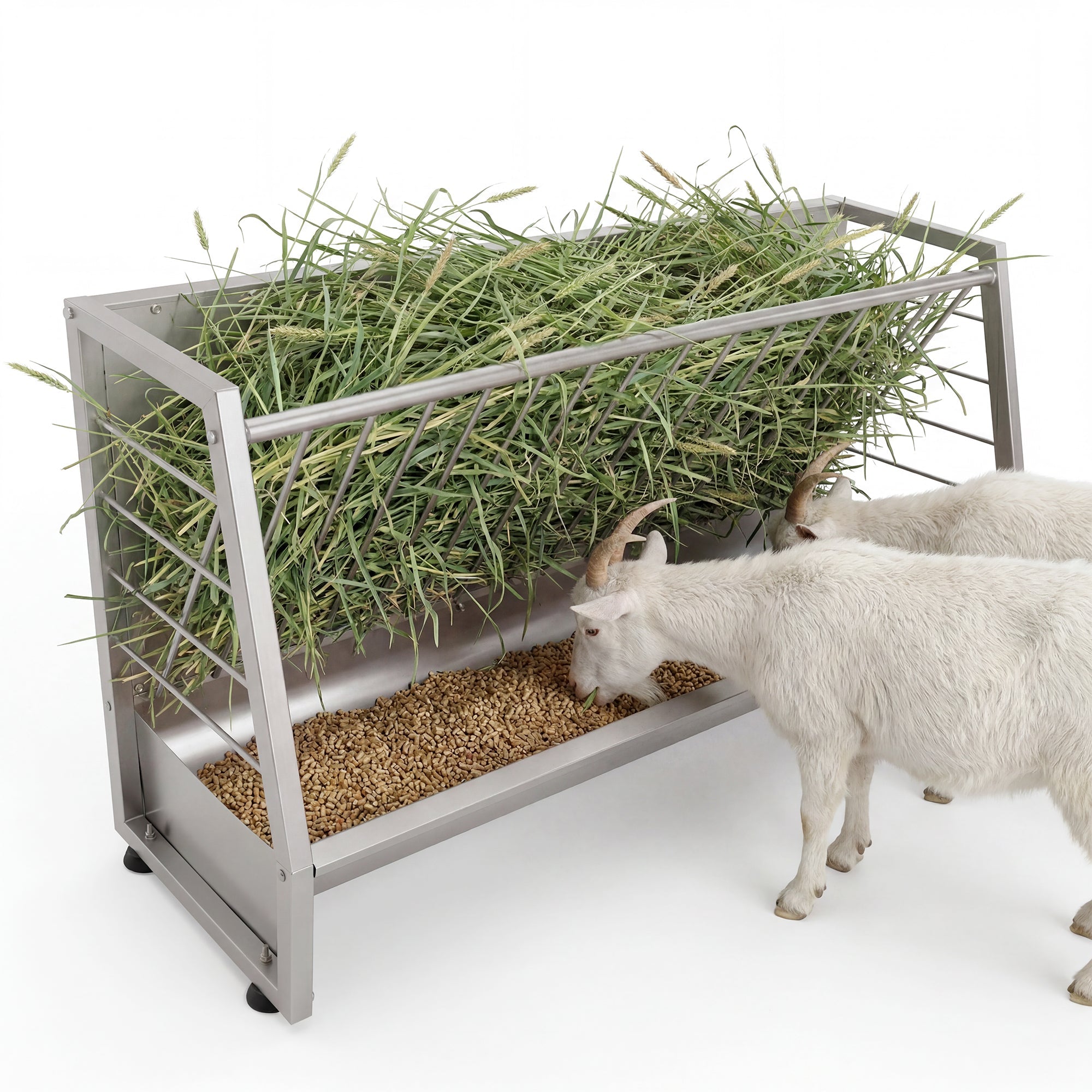 Garvee 5 ft Pasture Hay Feeder - Heavy Duty Galvanized Steel 2-in-1 Freestanding Livestock Hay & Grain Feeder, 60 Gallon Large Capacity for Goats, Sheep, Ponies & Alpacas (Silver)