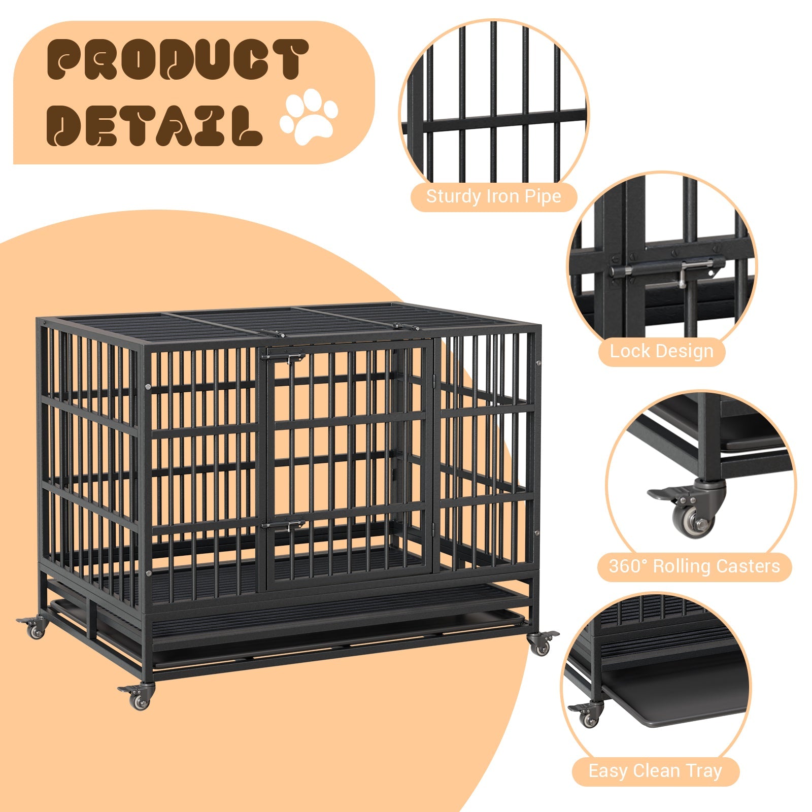 Garvee Heavy Duty Indestructible Dog Crate – Metal Escape-Proof Kennel for Large Dogs, Double Doors, 360° Lockable Wheels, Removable Tray, Easy Assembly – Secure Indoor Pet Cage, Size: 42.5inch