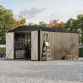 Garvee 10 x 12 FT Outdoor Storage Shed, 143 x 119 x 65 in Galvanized Steel Garden Shed with Lockable Door, Cross Windows and Peaked Roof, Brown