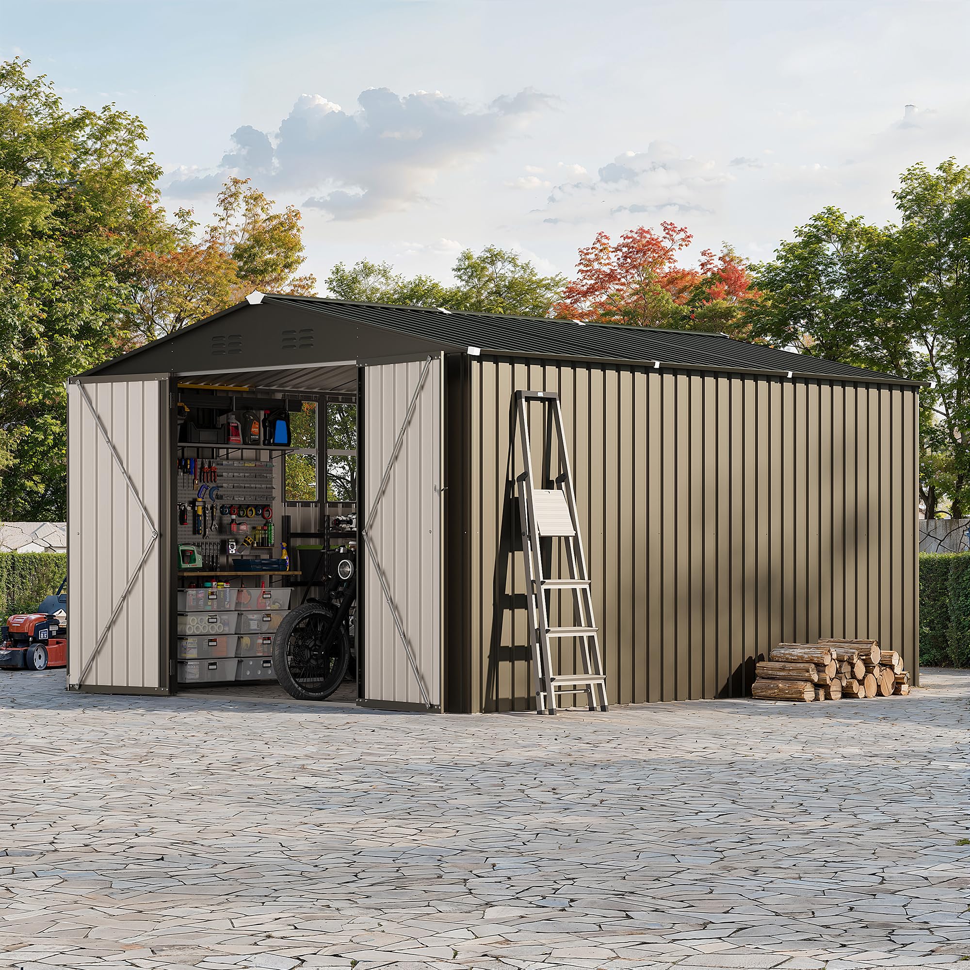 Garvee 10 x 12 FT Outdoor Storage Shed, 143 x 119 x 65 in Galvanized Steel Garden Shed with Lockable Door, Cross Windows and Peaked Roof, Brown