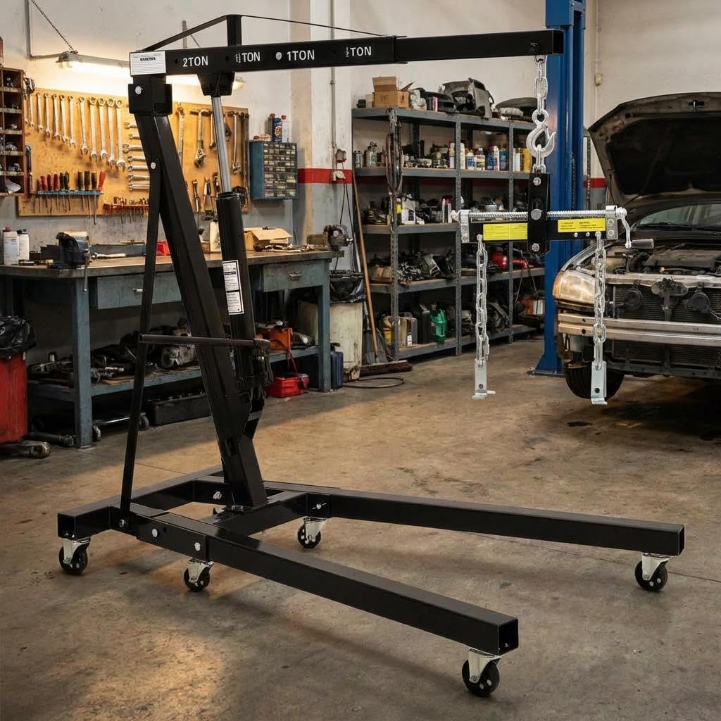 Garvee 2 Ton Folding Hydraulic Engine Hoist with Load Leveler – Heavy Duty Cherry Picker Crane – 4400 lbs Capacity – Adjustable Telescopic Boom – 6 Swivel Wheels – Automotive Repair, Garage, Workshop – Black with Sound Controller