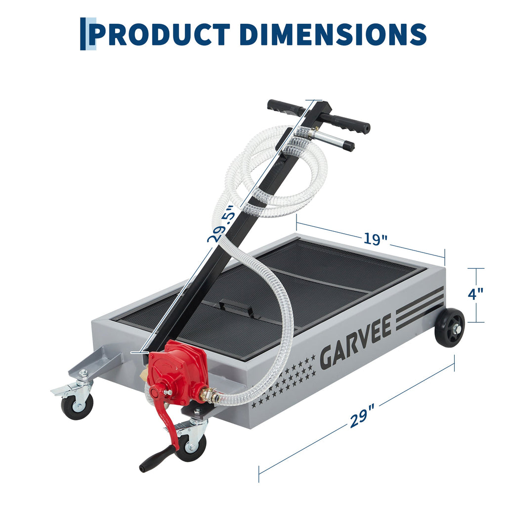 Garvee 15 gal Oil Drain Pan with Manual Pump - Metal Rolling Oil Change Pan with 8ft Hose & Foldable T-Shape Handle, Low Profile Design, Ideal for Cars, Trucks, RVs, SUVs, Silver