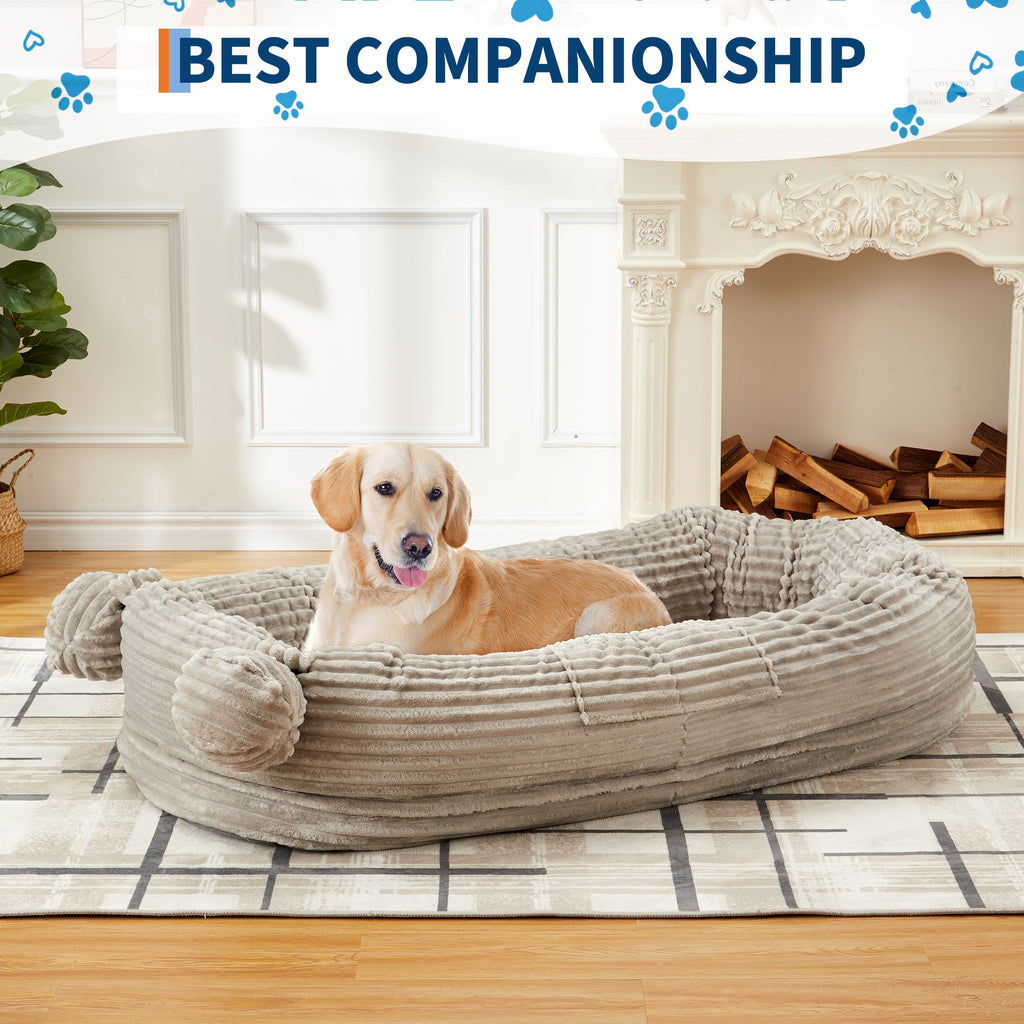 Garvee Oversized Human Size Dog Bed for Adults - 72x44 Inch Pet Sofa with Blanket - Removable & Washable Corduroy Cover - High Density Foam - 2 Storage Pockets & Carry Handles - Orthopedic Floor Lounger for Large Dogs & People - Corduroy