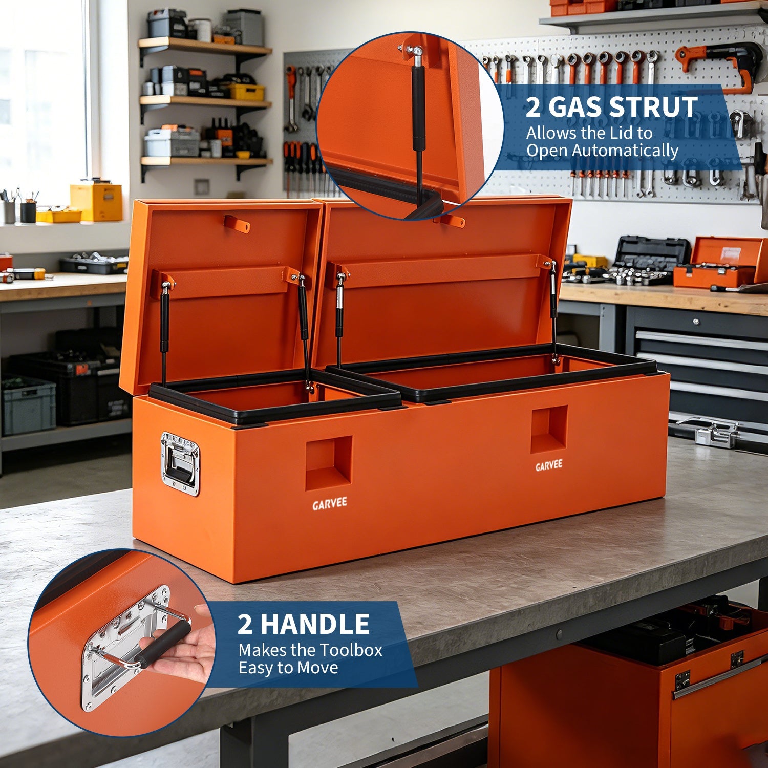 Garvee 56"X16"X14" Heavy Duty Steel Truck Bed Tool Box – Double Lid, Grooved Weatherproof Metal Chest with T-Handle & Side Handle, Durable Organizer for Pickup Truck, RV, Trailer, Front Double, Orange