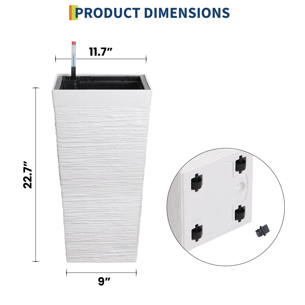 Garvee Self Watering Tall Planters Set of 2, 22.5" Front Porch Planter Pots with 11.7" Opening, Water Level Monitor & Drainage Holes for Indoor Outdoor Plants, White