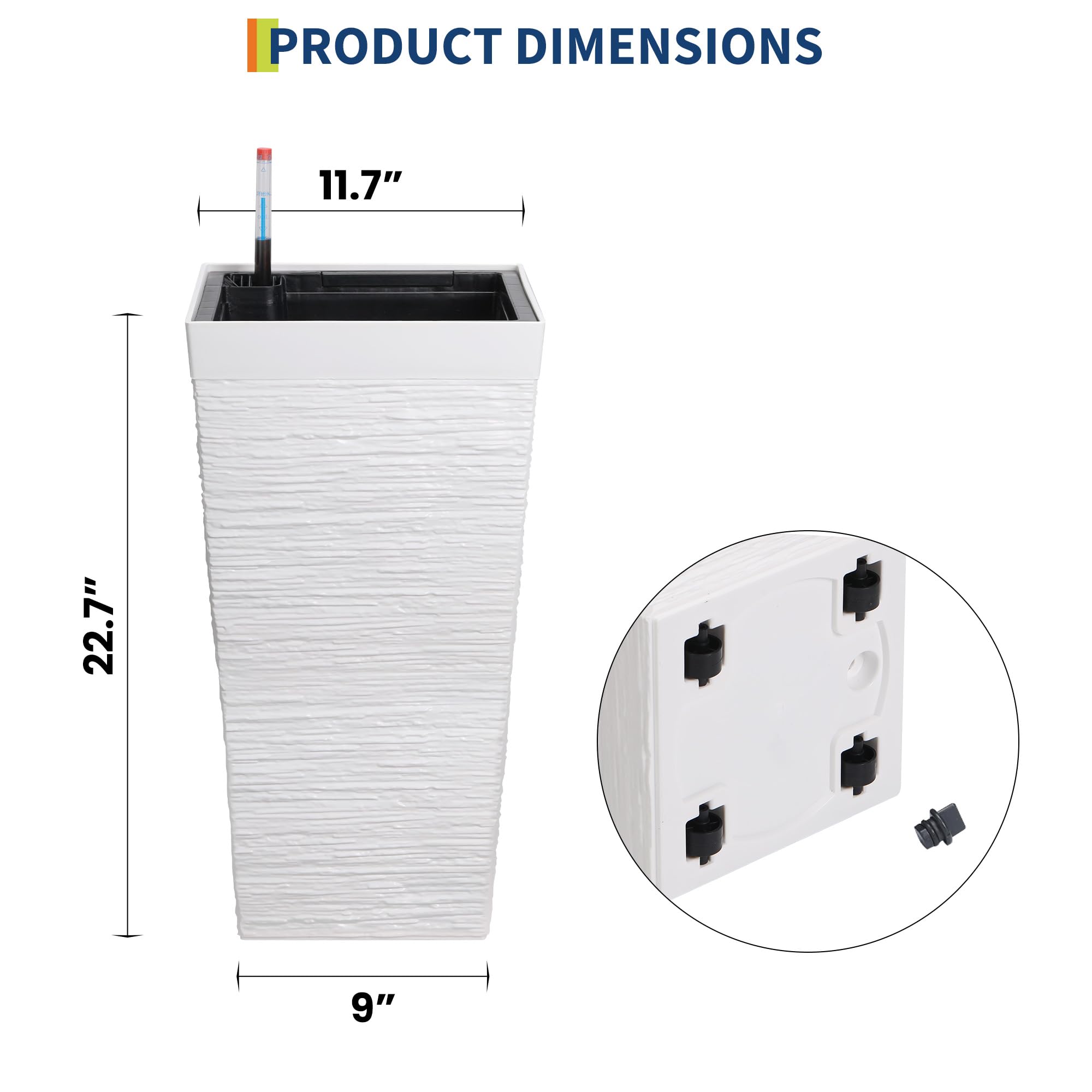 Garvee Self Watering Tall Planters Set of 2, 22.5" Front Porch Planter Pots with 11.7" Opening, Water Level Monitor & Drainage Holes for Indoor Outdoor Plants, White