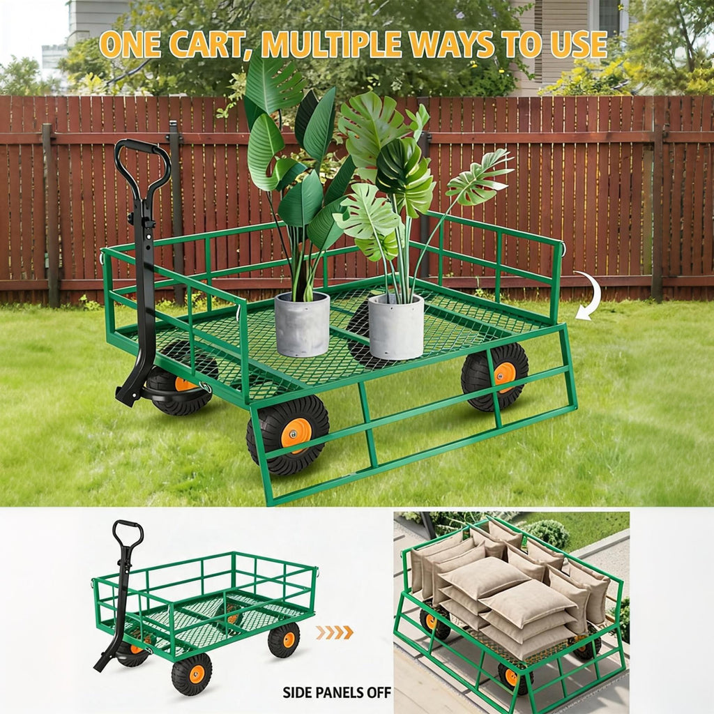 Garvee Steel Garden Cart for Lawn and Farm Use, 1200 lbs Capacity with 13-Inch Pneumatic Wheels and 2-in-1 Pull Handle, Green and Orange