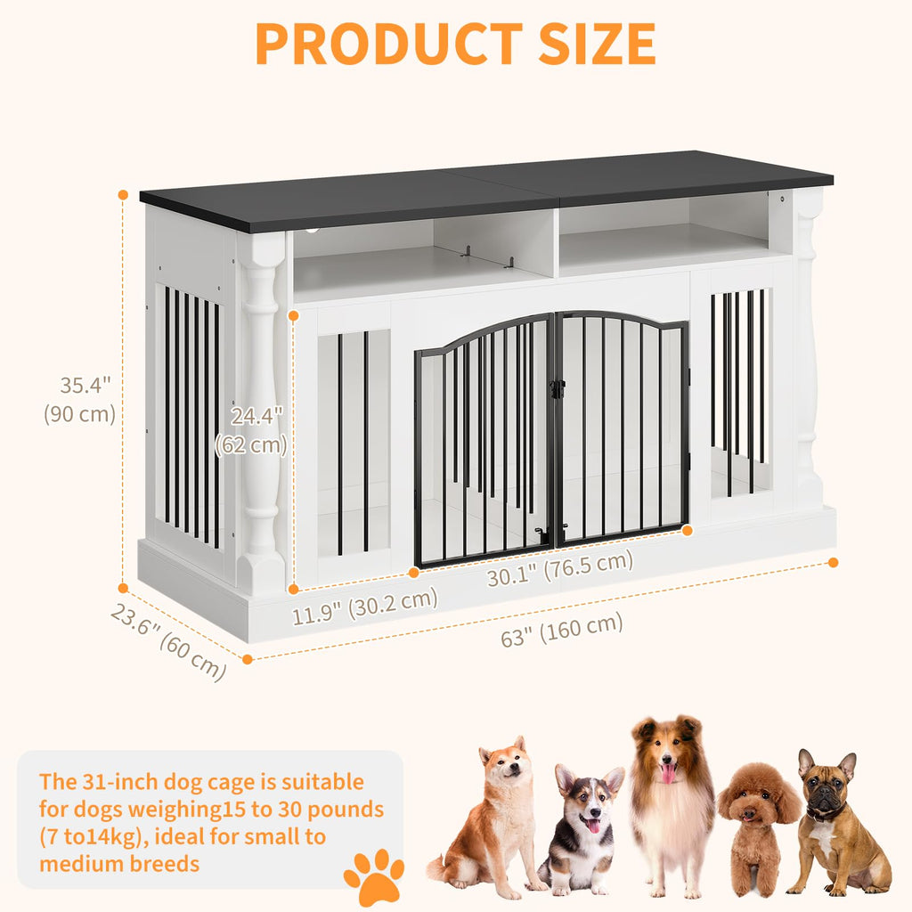 Garvee Roman Column 63 Inch Large Dog Crate Furniture for 2 Dogs with Open Storage, Heavy Duty Dog Kennel Entertainment Table TV Stand for Small and Medium Dogs, Black Table Top