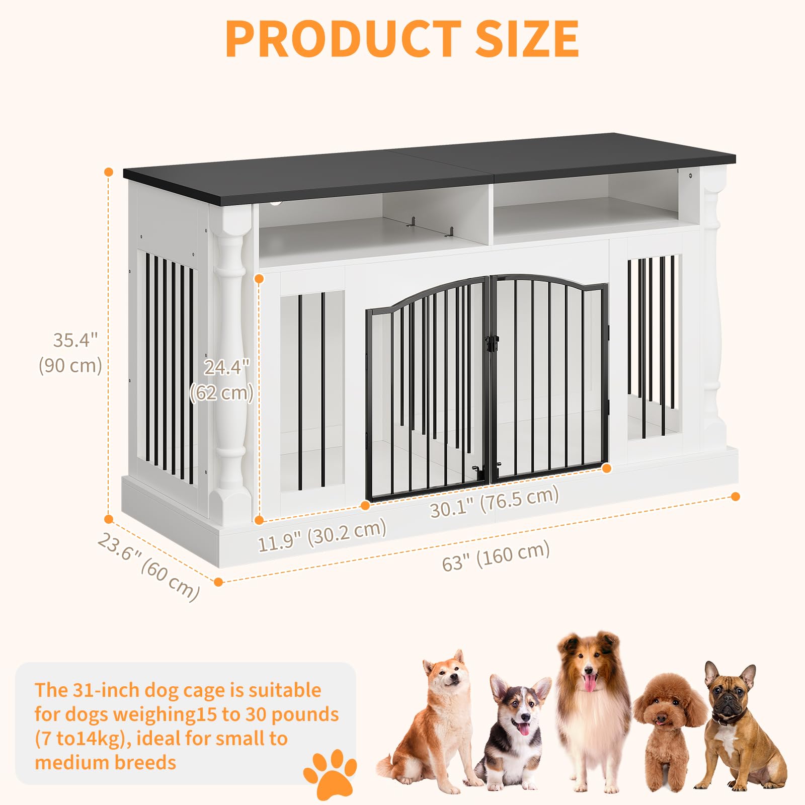 Garvee Roman Column 63 Inch Large Dog Crate Furniture for 2 Dogs with Open Storage, Heavy Duty Dog Kennel Entertainment Table TV Stand for Small and Medium Dogs, Black Table Top