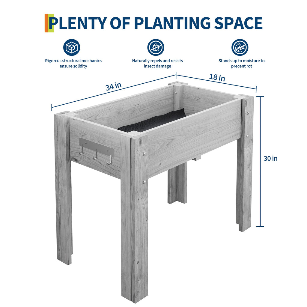 Garvee 34" x 18" x 30" Gray Elevated Wooden Planter Bed with Legs & Hooks, Raised Fir Wood Garden Box with Non-Woven Liner, Ergonomic Outdoor Planter for Vegetables, Herbs, Flowers, Patio & Balcony