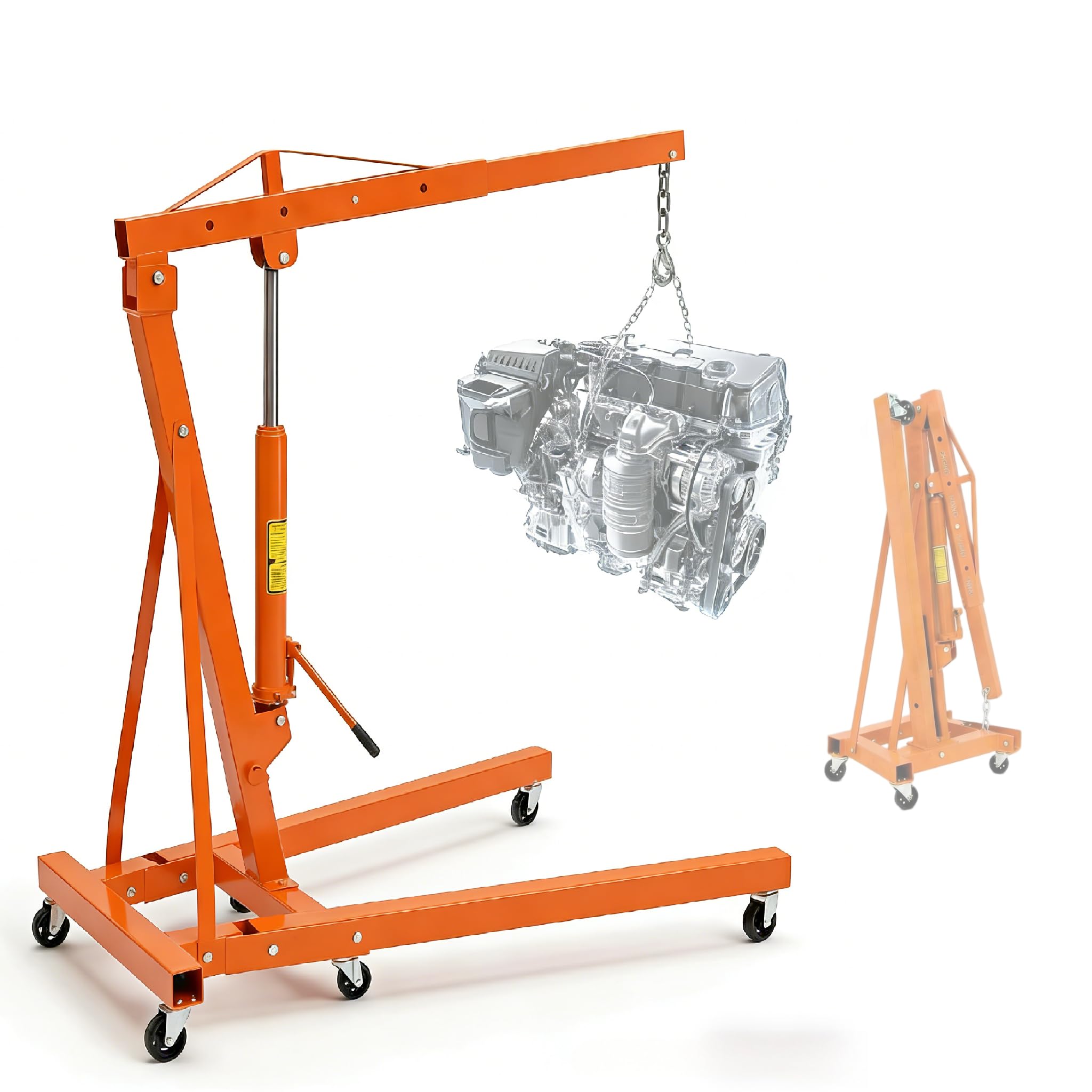 Garvee 2-Ton Engine Hoist - 4400 lbs Folding Hydraulic Cherry Picker, Heavy-Duty Shop Crane with 6 Caster Wheels and 4 Adjustable Boom Positions for Warehouse, Garage, and Workshop, Orange