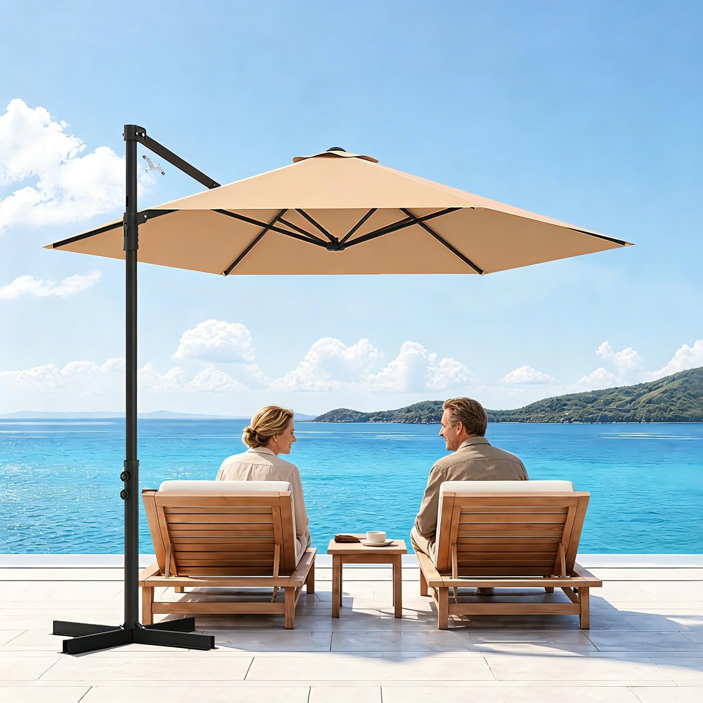 Garvee Cantilever Patio Umbrella, 9 FT Khaki Offset Sun Shade with UV-Resistant Vented Canopy for Deck, Backyard, Poolside and Balcony