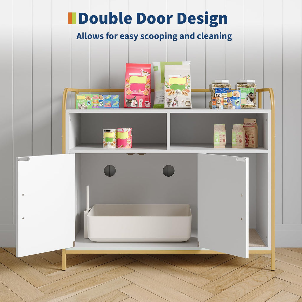 Garvee Cat Litter Box Enclosure, Wooden Cat Washroom Furniture with Barn Door, Storage Shelf and Top Display Shelf, Hidden Litter Box Cover, Dog Proof Feline Litter Boxes, Kitty House, Fits Most Litter Boxes, White