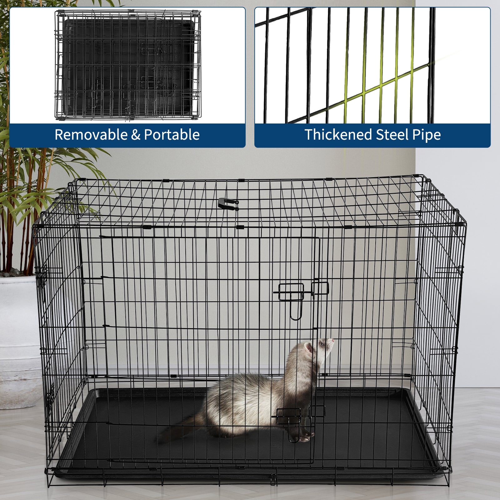 Garvee Collapsible Metal Wire Cage for Small Animals - Thickened Mesh Floor, Leak-Proof Removable Tray, Double Door, Rust-Resistant - For Rabbits, Guinea Pigs, Ferrets, Cats, Chinchillas, Rats - Size: 121×76.5×81cm