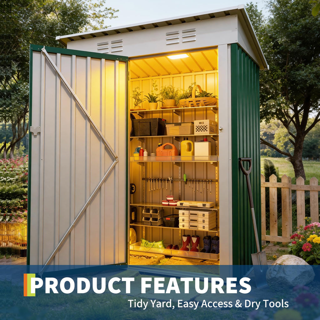 Garvee 5×3FT Metal Outdoor Storage Shed, 67 Cu.Ft Weather-Resistant Galvanized Steel Garden Shed with Lockable Door, Sloped Roof & Vents, Patio Lawn Equipment Storage House, Dark Green