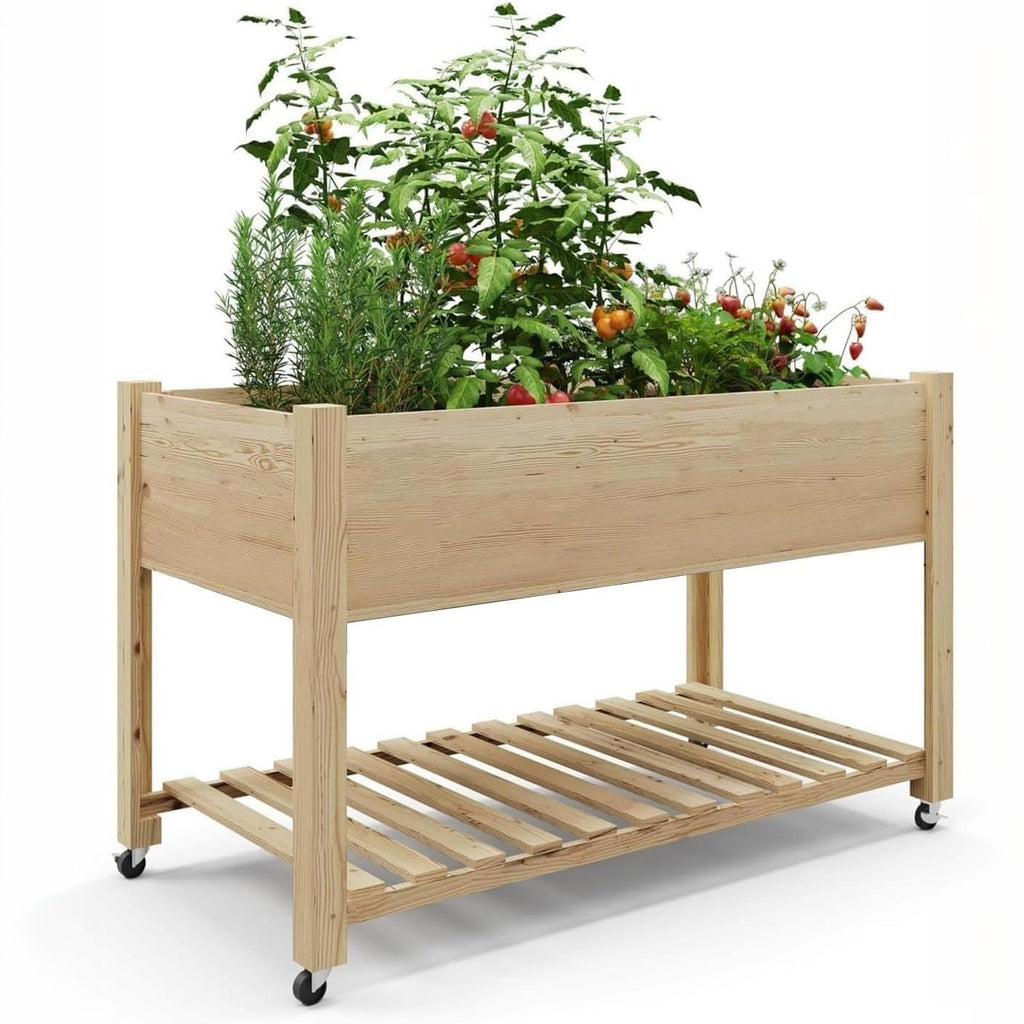 Garvee Mobile Raised Garden Bed, 48 x 24 x 32 in Cedar Elevated Planter Box with 220 lbs Capacity, Lockable Wheels, Storage Shelf & Protective Liner for Patio, Balcony & Herbs