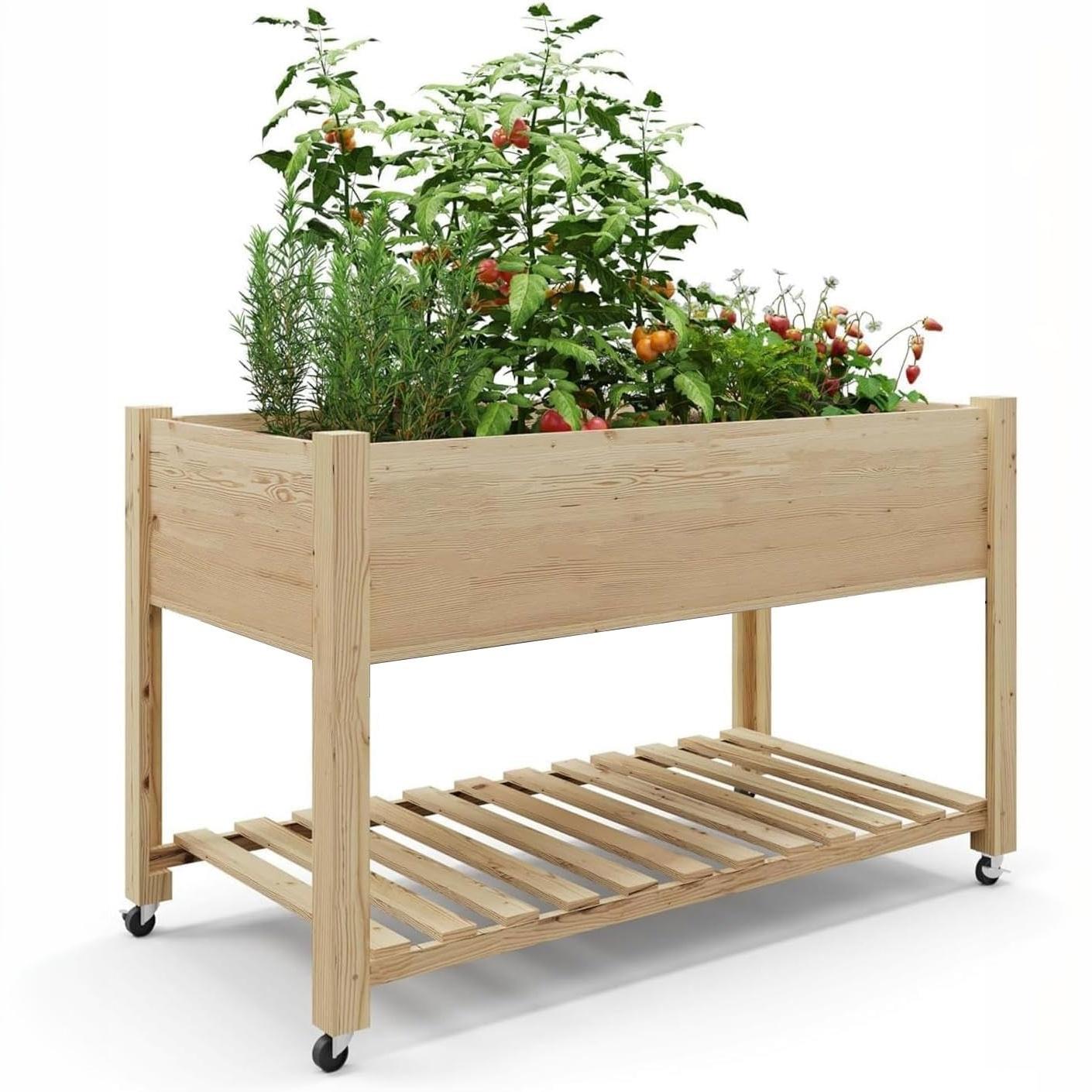 Garvee Mobile Raised Garden Bed, 48 x 24 x 32 in Cedar Elevated Planter Box with 220 lbs Capacity, Lockable Wheels, Storage Shelf & Protective Liner for Patio, Balcony & Herbs