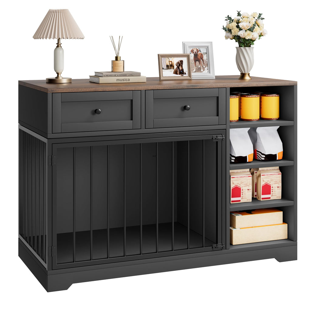 Garvee 47" Dog Crate Furniture Indoor with 2 Drawers & 4 Shelves, Large Dogs Kennel Furniture TV Stand, Wooden Dog Cage for Large Medium Dogs, Black
