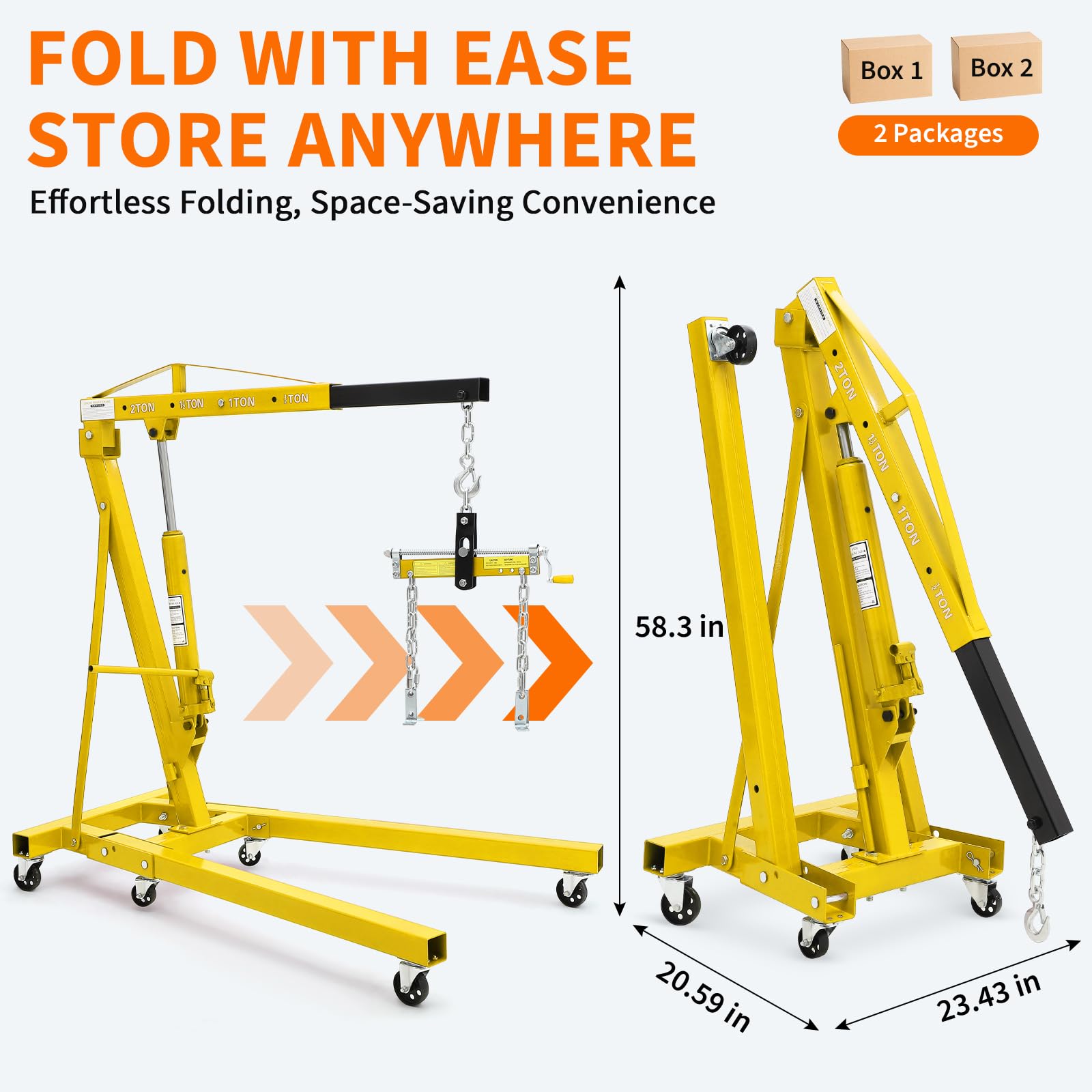 Garvee Heavy Duty 2 Ton Folding Hydraulic Engine Hoist - 4400 lbs Capacity Cherry Picker Crane with Load Leveler - 6 Swivel Wheels - Adjustable Boom (0.5T-2T) for Garage, Workshop, Warehouse - Yellow with leveler