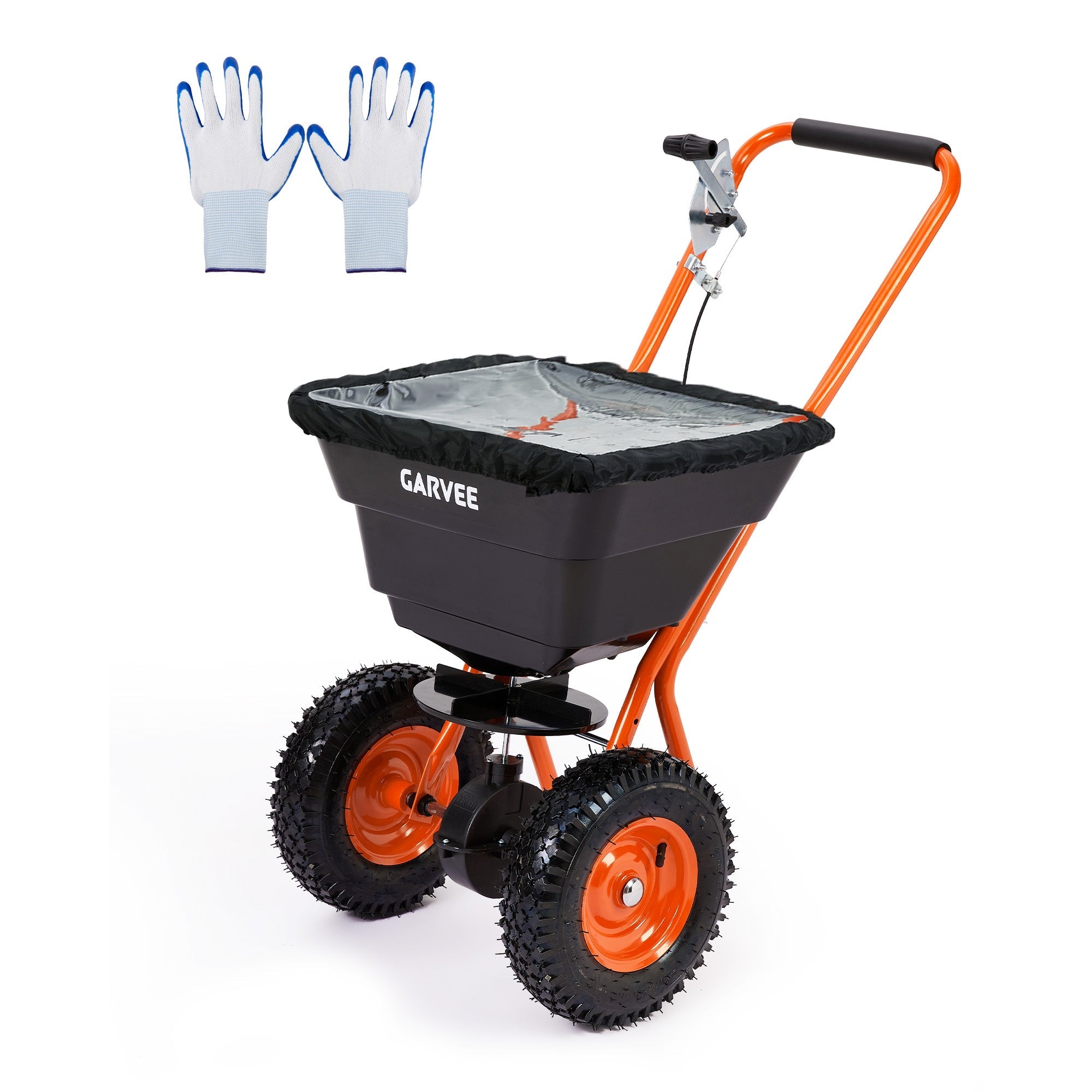 Garvee 80 lb Push Broadcast Spreader with 12' Spread Width, Adjustable Drop Rate, 10" Pneumatic Tires, Rain Cover & Gloves for Seed, Fertilizer, Salt and Ice Melt, Black & Orange-Red