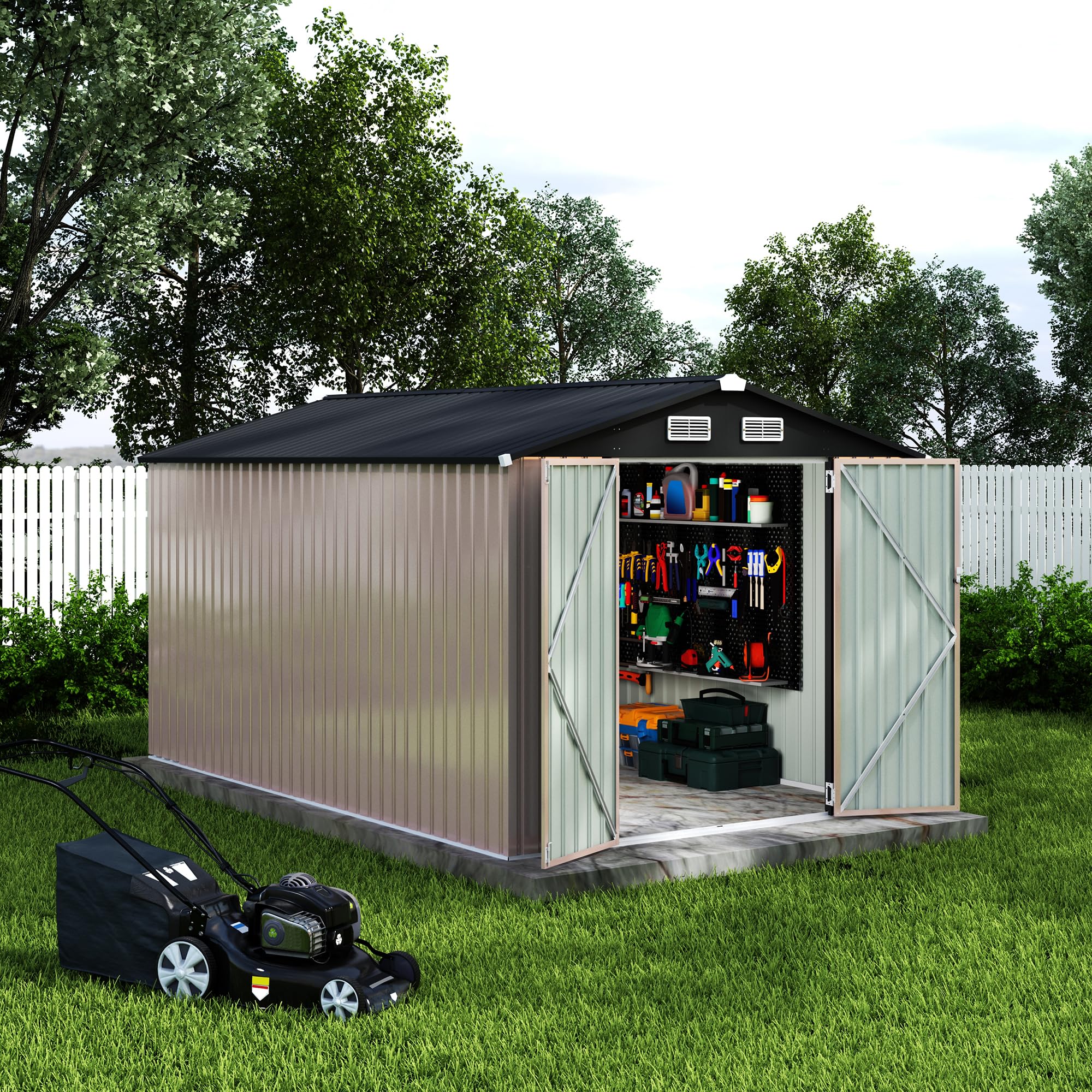 Garvee Spacious Metal Outdoor Storage Outdoor Storage – 8x12 FT Heavy Duty Garden Utility Outdoor Storage with Lockable Door, Air Vent, Windproof & Rainproof – Backyard, Patio, Lawn – Dark Colored Top + Brown Board