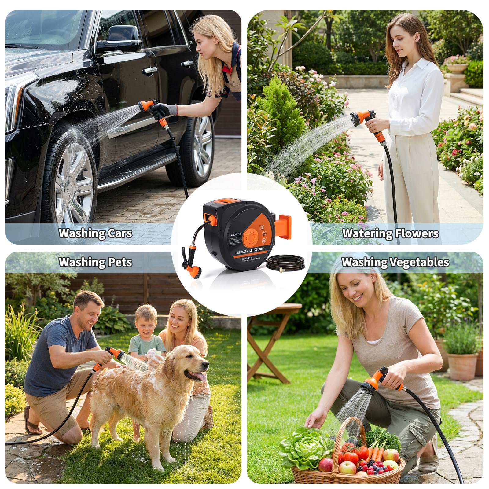 Garvee Retractable Garden Hose Reel, 1/2 in x 130 ft Heavy Duty Wall Mount Hose Reel with 10-Function Nozzle, Any-Length Lock, Auto Slow Rewind & 180° Swivel Bracket