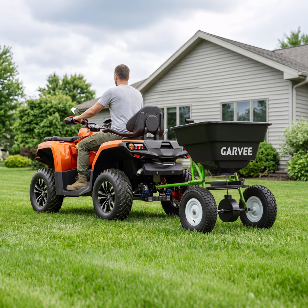 Garvee 85 lb Tow-Behind Broadcast Spreader with Adjustable Flow Control, 10-Inch Pneumatic Tires, Steel Frame & Universal Hitch for Seed, Fertilizer, Salt and Ice Melt, Black & Green