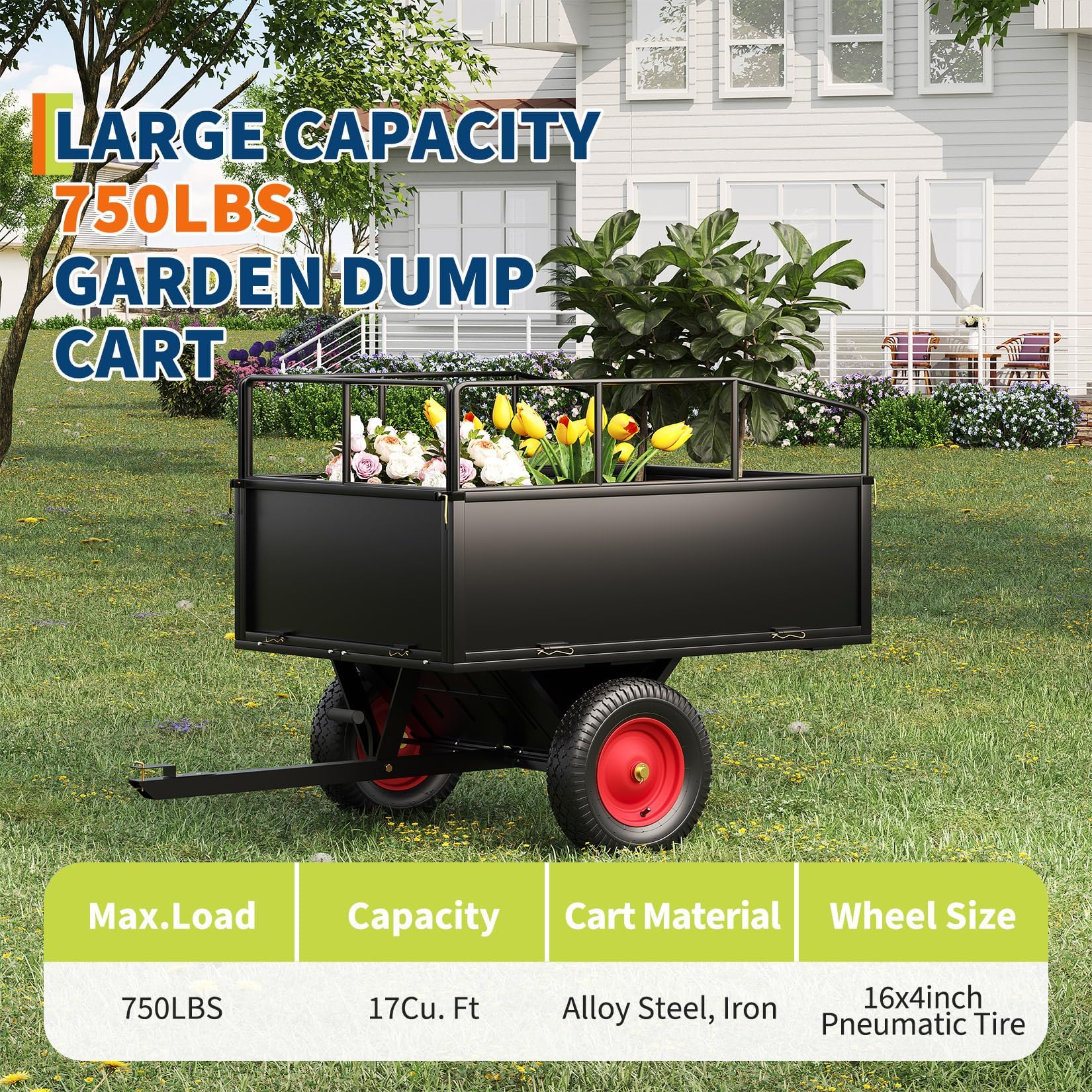 Garvee 750 lb ATV Dump Cart, 17 Cu. Ft. Tow-Behind Steel Utility Trailer with Removable Sides, 16 in Tires & Universal Hitch for Lawn Tractor