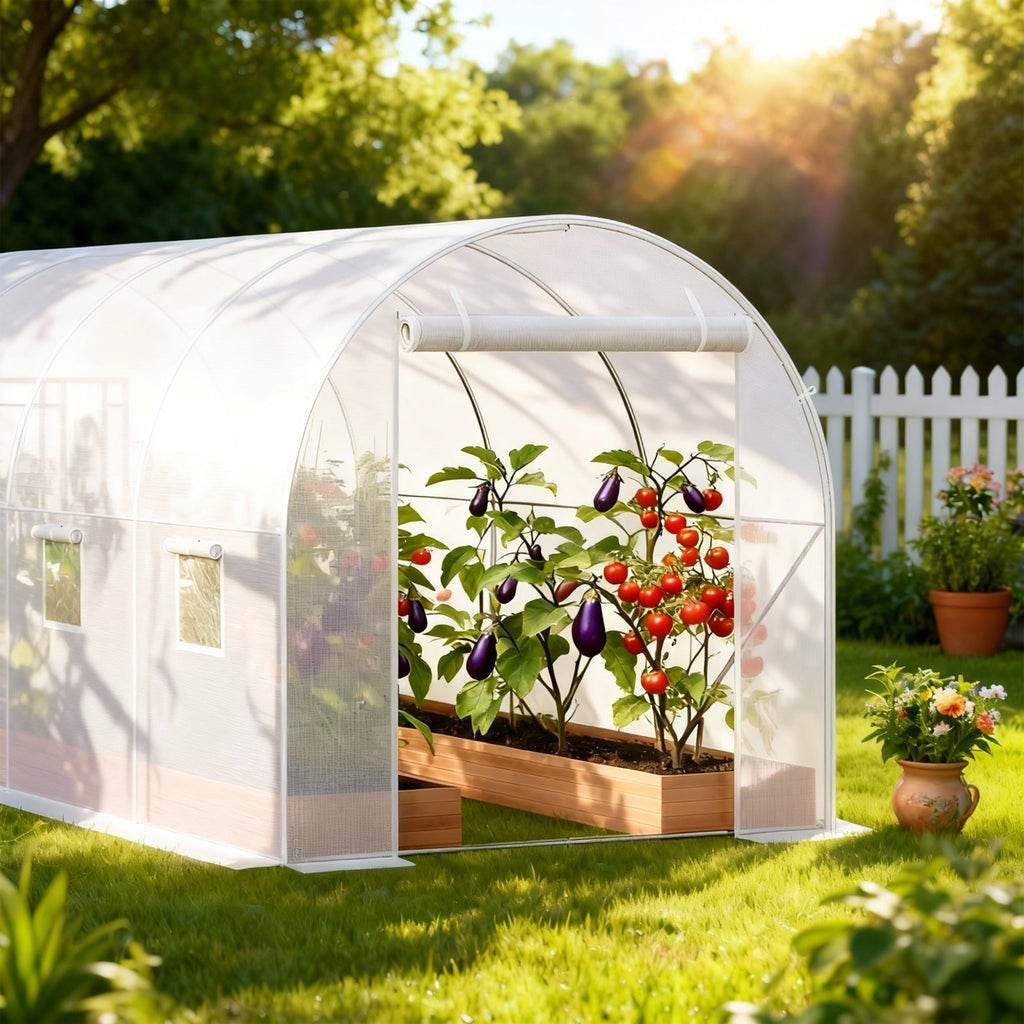 Garvee 14.6 x 6.4 x 6.3 FT Walk-In Tunnel Greenhouse, 140 GSM White PE Cover with Zippered Screen Door, 8 Roll-Up Windows & Galvanized Steel Frame