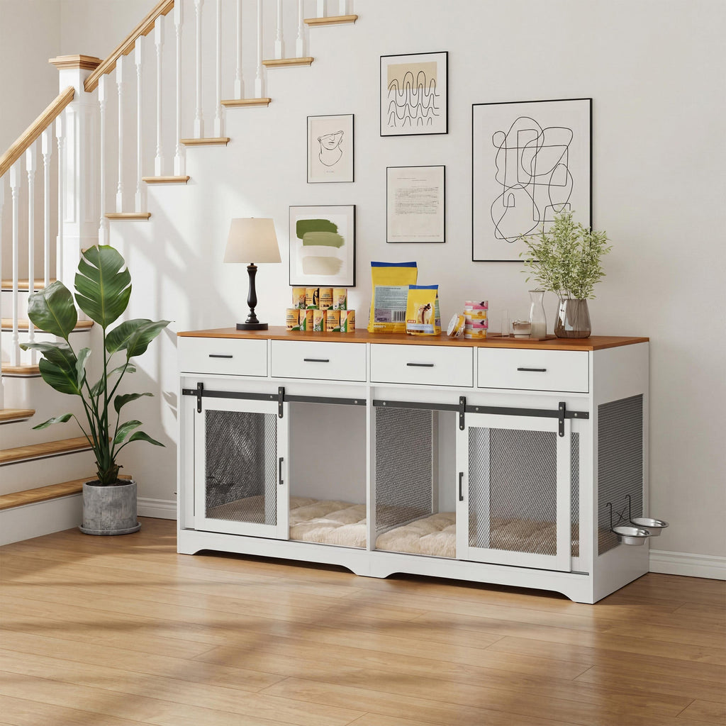 Garvee Multi-Functional Dog Crate Furniture for Medium/Large Dogs – 71'' Indoor Kennel Cage with 4 Sliding Doors, 4 Drawers & Feeding Bowls – Furniture-Style, Walnut & White – US Spec, Color: Walnut+White