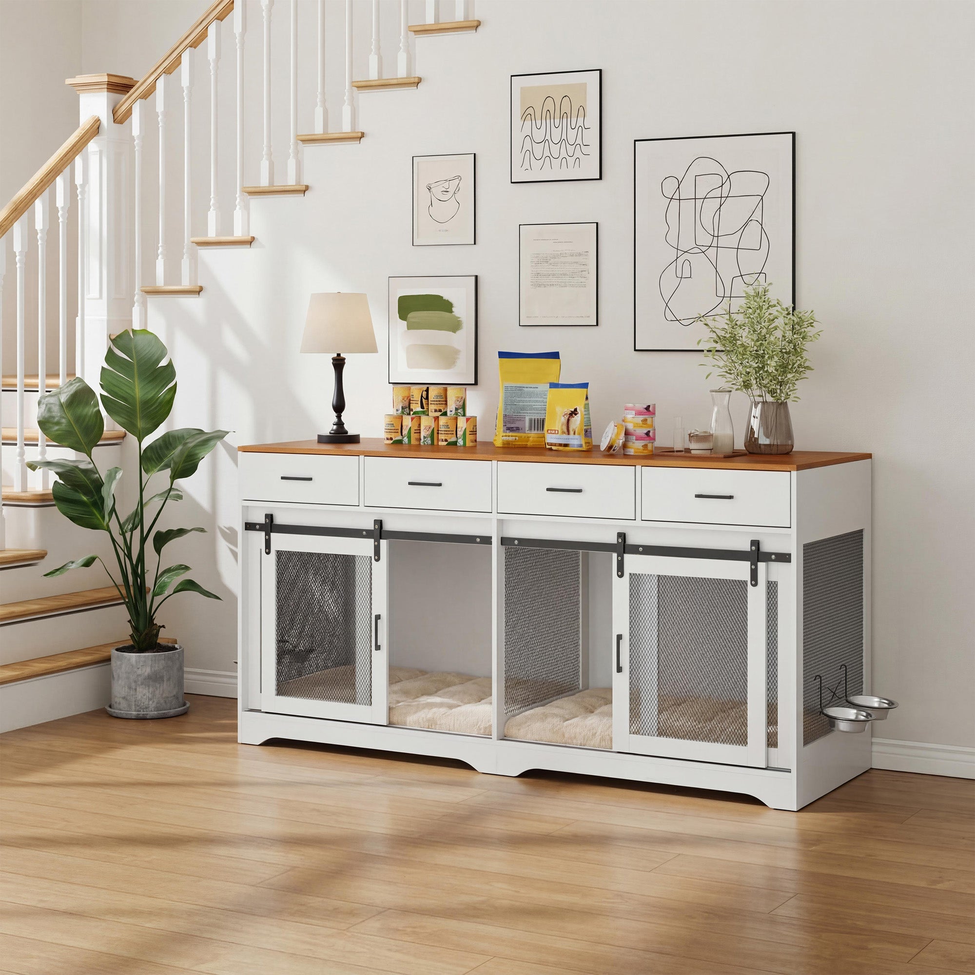 Garvee Multi-Functional Dog Crate Furniture for Medium/Large Dogs – 71'' Indoor Kennel Cage with 4 Sliding Doors, 4 Drawers & Feeding Bowls – Furniture-Style, Walnut & White – US Spec, Color: Walnut+White