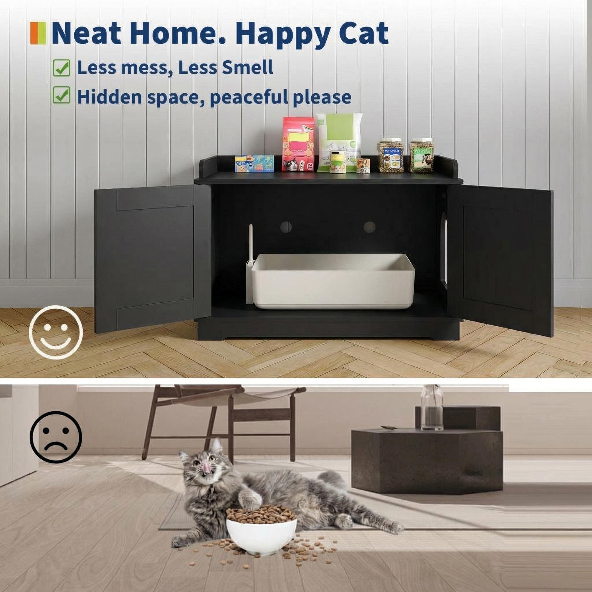 Garvee 31.5" Cat Litter Box Furniture, 2 Doors Cat Litter Box Enclosure for Most Cats, Hidden Cat Cabinet for Living Room Hallway, Smooth Surface & Quick Clean-Up, Black