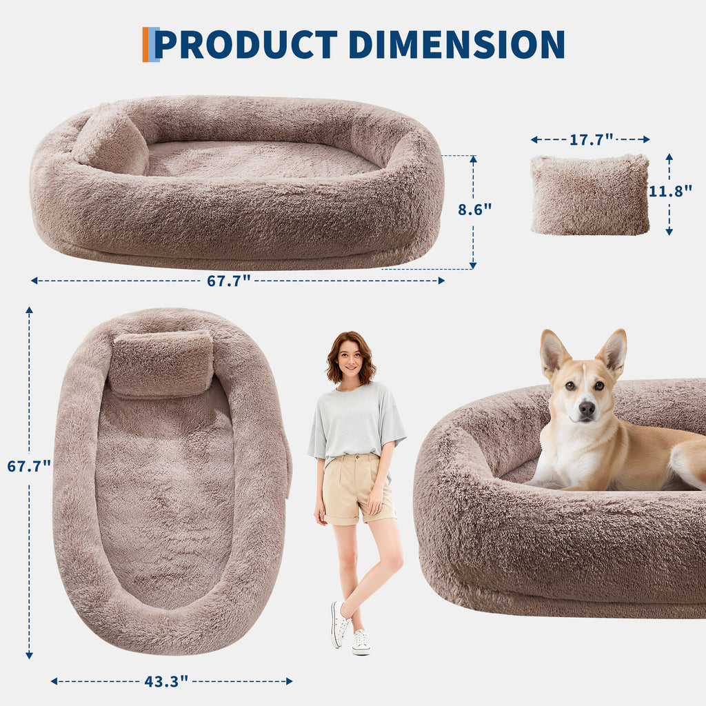 Garvee Orthopedic Soft Faux Fur Human Dog Bed for Adults & Pets – Large 67"x43"x8" Lounger, Removable Pillow, Side Pocket, Handle, Washable Cover, No Assembly, Bean Bag Style, Light Brown