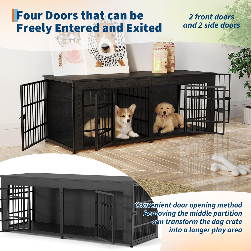 Garvee Double Dog Crate Furniture with Divider – Heavy Duty Wooden Dog House TV Stand – 3-in-1 Indoor Kennel End Table for Medium and Large Dogs – Adjustable Feet, Easy Assembly – Gray