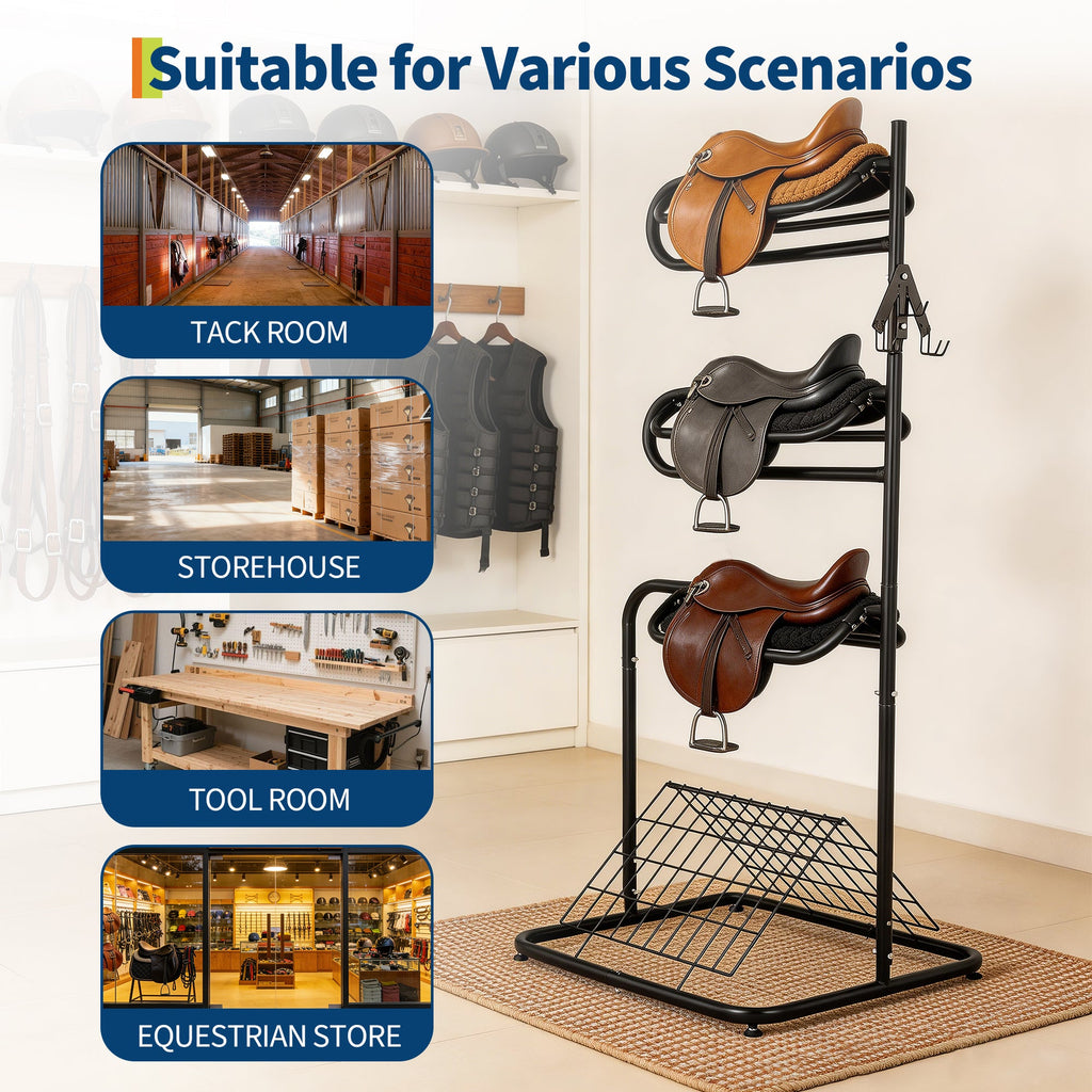 Garvee Heavy Duty 3-Tier Saddle Rack Stand with Removable & Rotating Tiers - Freestanding English & Western Saddle Blanket Holder for Tack Room Organization, 30x29x70 in