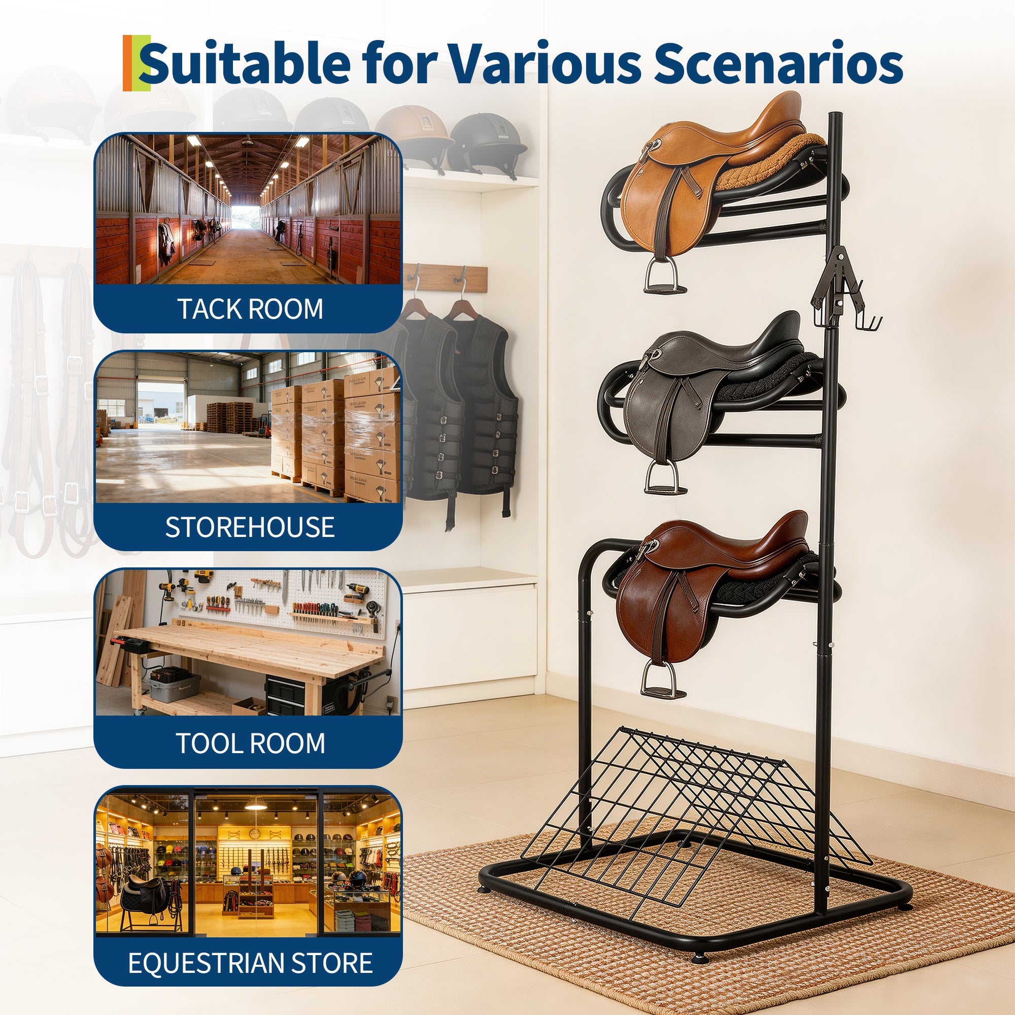 Garvee Heavy Duty 3-Tier Saddle Rack Stand with Removable & Rotating Tiers - Freestanding English & Western Saddle Blanket Holder for Tack Room Organization, 30x29x70 in