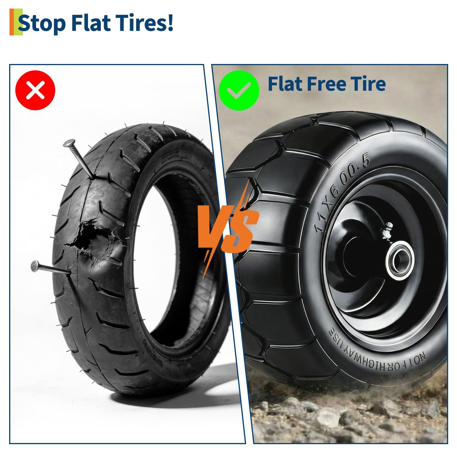 Garvee 2 Pack 11x6.00-5 Flat Free Lawn Mower Tire and Wheel, 353 lbs Load, Polyurethane, Puncture-Proof, 3/4" & 5/8" Bushings, Push Mowers & Garden Carts
