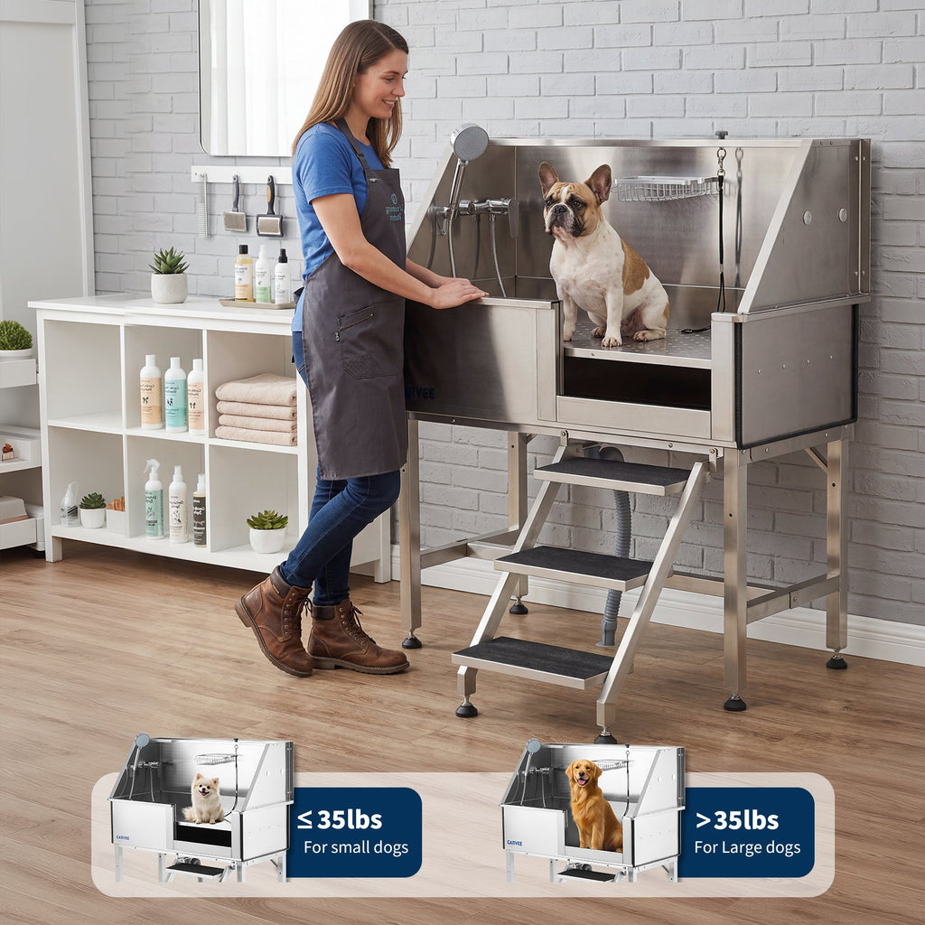 Garvee 46 Inch Stainless Steel Dog Washing Station, Heavy Duty Pet Grooming Bathtub with Access Stairs, Brushed Finish, Right Door Options