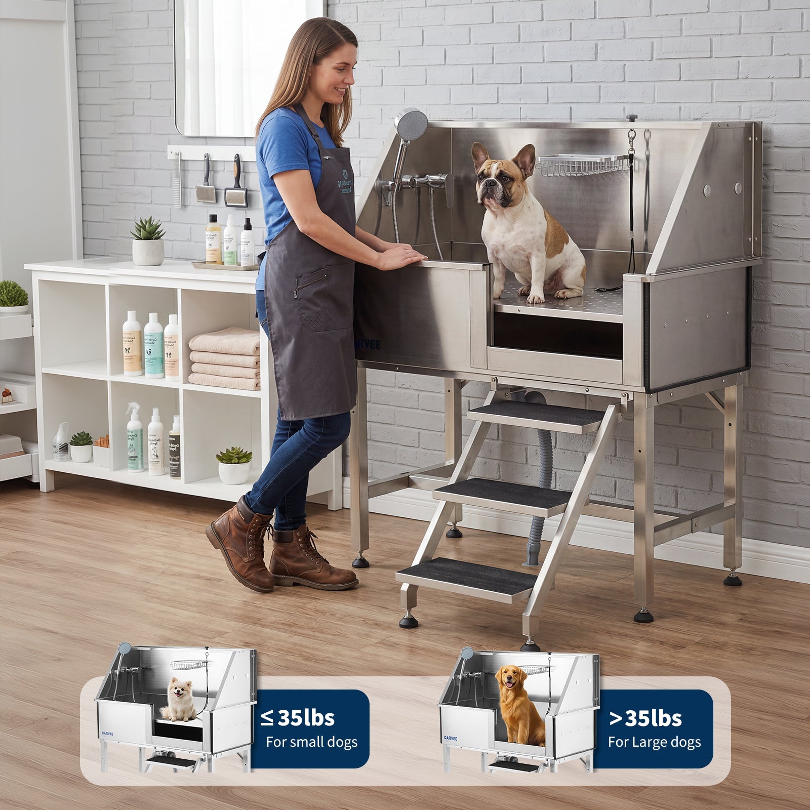 Garvee 46 Inch Stainless Steel Dog Washing Station, Heavy Duty Pet Grooming Bathtub with Access Stairs, Brushed Finish, Right Door Options