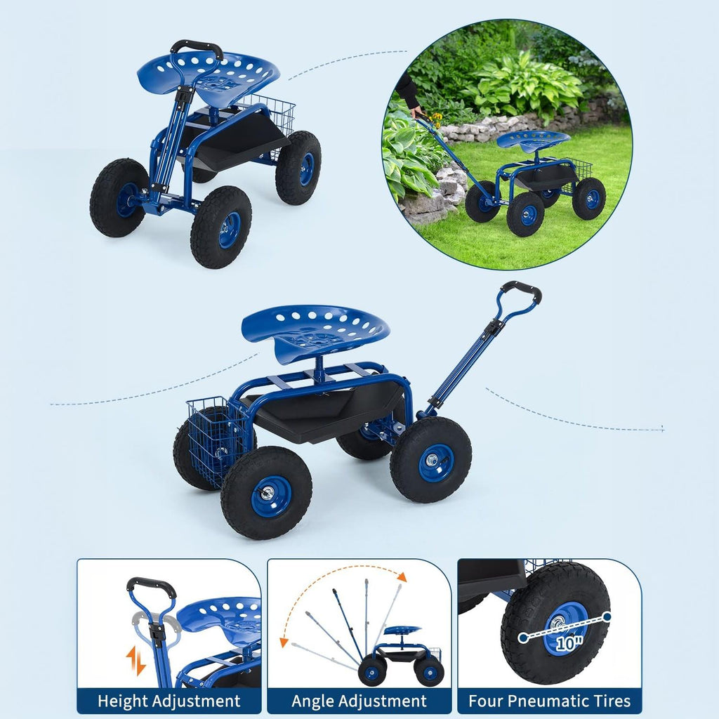 Garvee Blue Rolling Garden Work Seat with Wheels, 360° Swivel Gardening Cart with Extendable Steering Handle, Tool Tray, Storage Basket & 10" Inflatable Tires, 400 lb Capacity Garden Scooter for Yard, Patio & Outdoor Use
